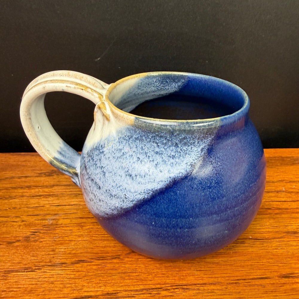 Studio Pottery Coffee Mug Blue White Drip Glaze Stoneware Signed Artisan Cup